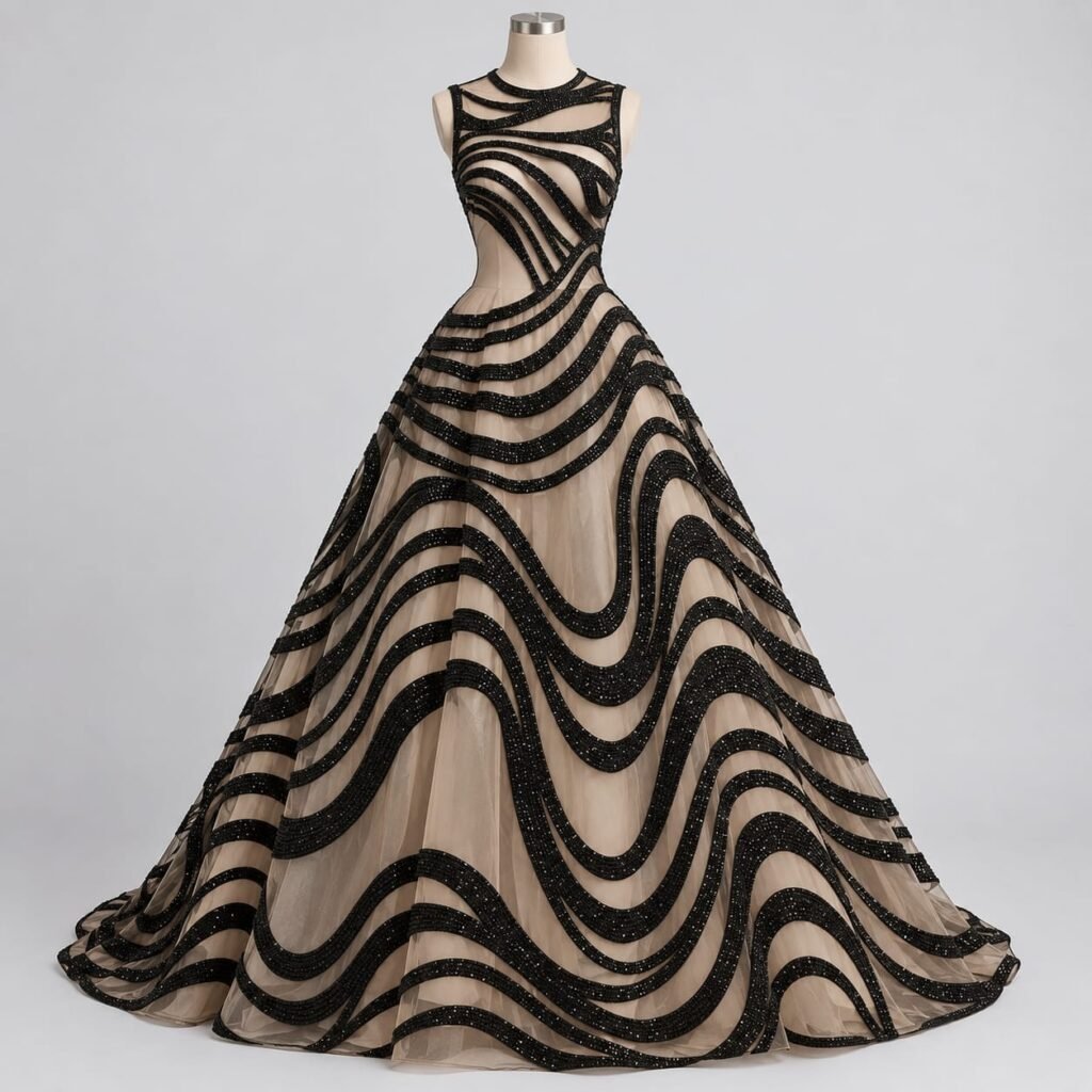 SELLBAY black and nude sheer mesh ball gown featuring intricate black beaded swirl detailing, fitted sleeveless bodice, and dramatic full-length skirt