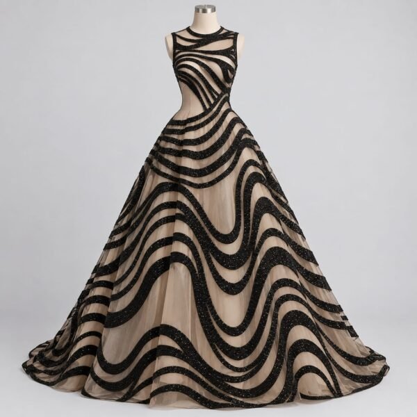 SELLBAY black and nude sheer mesh ball gown featuring intricate black beaded swirl detailing, fitted sleeveless bodice, and dramatic full-length skirt