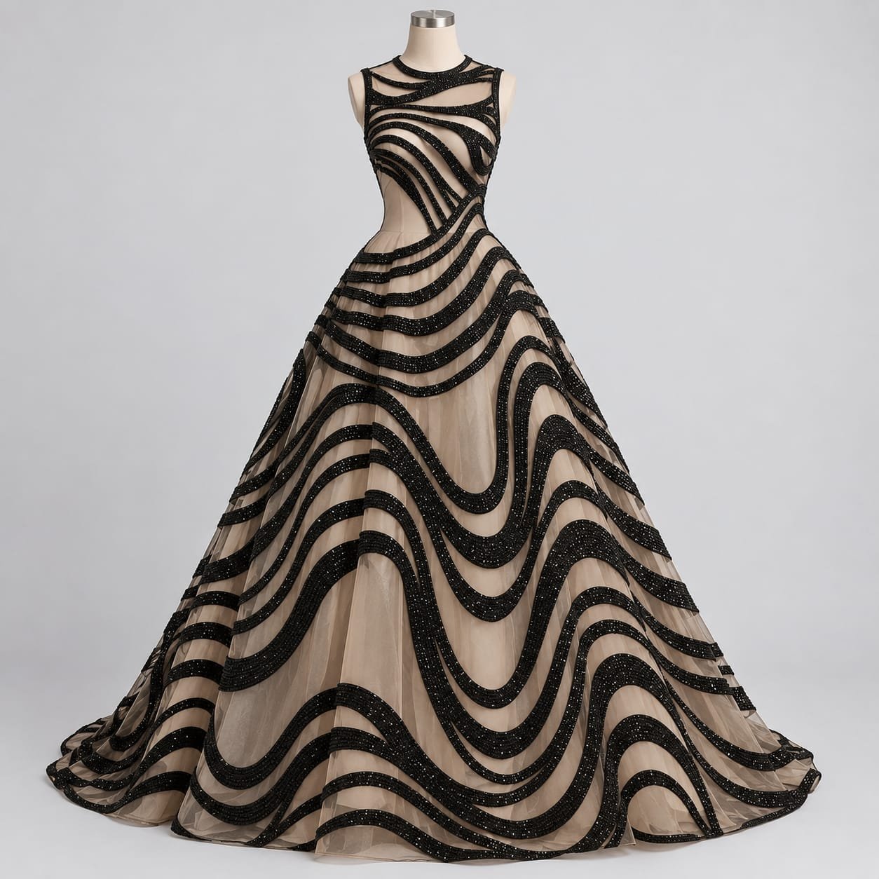SELLBAY black and nude sheer mesh ball gown featuring intricate black beaded swirl detailing, fitted sleeveless bodice, and dramatic full-length skirt