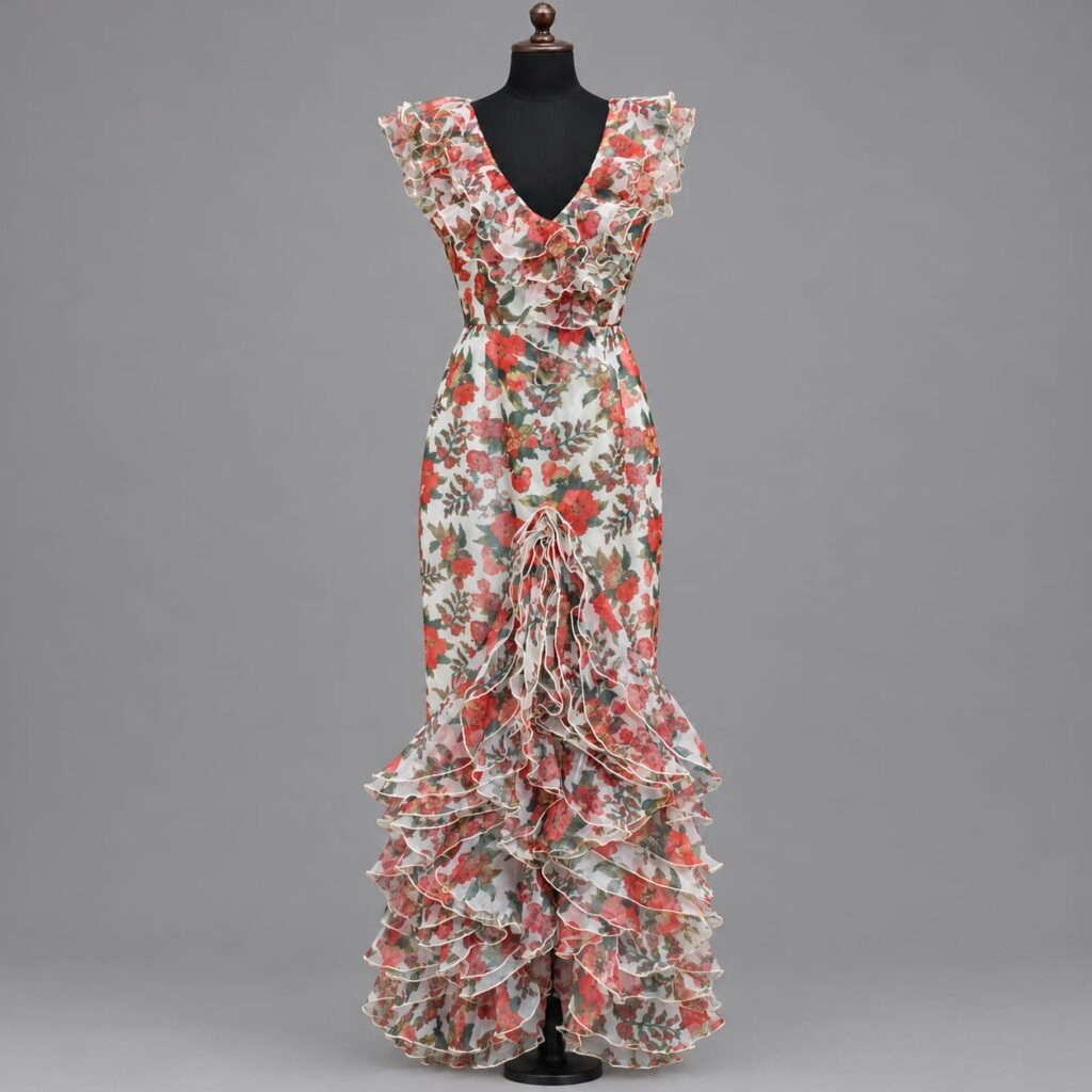 SELLBAY Organza Floral Slit Maxi Dress with V-Neck, Flutter Sleeves and Cascading Ruffle Hem