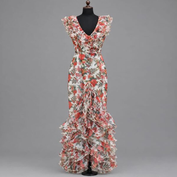 SELLBAY Organza Floral Slit Maxi Dress with V-Neck, Flutter Sleeves and Cascading Ruffle Hem