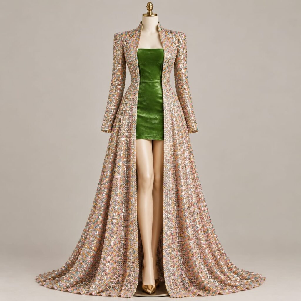 SELLBAY floor-length multicolor pastel sequin open-front couture gown with fitted sleeves and flowing A-line silhouette