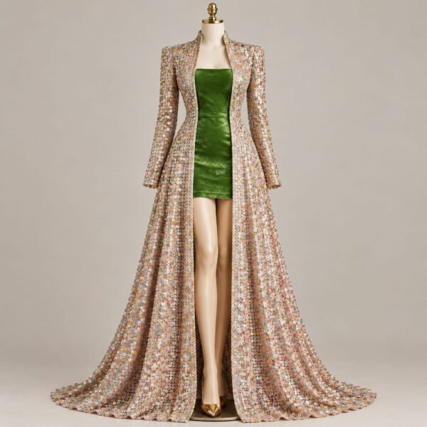 SELLBAY floor-length multicolor pastel sequin open-front couture gown with fitted sleeves and flowing A-line silhouette