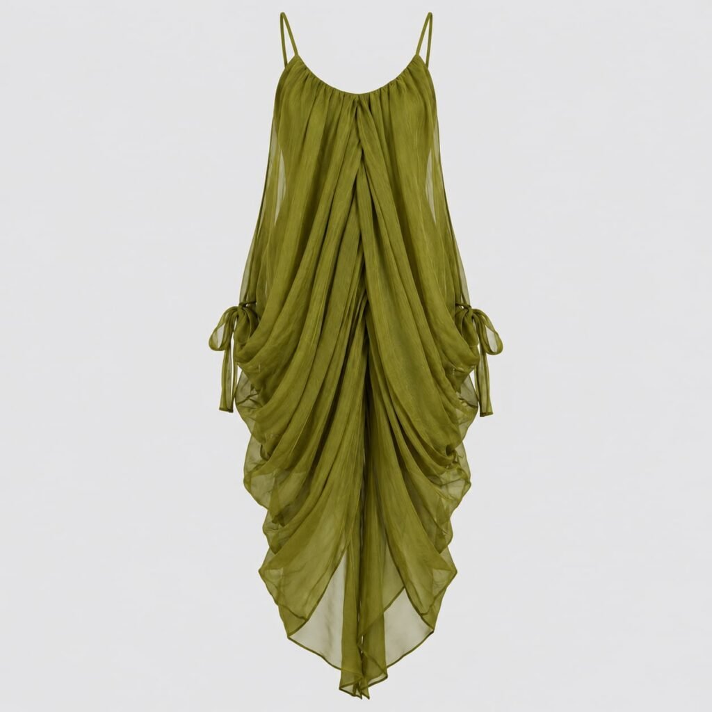 Olive green cascading draped cami dress with spaghetti straps and asymmetrical layered hem