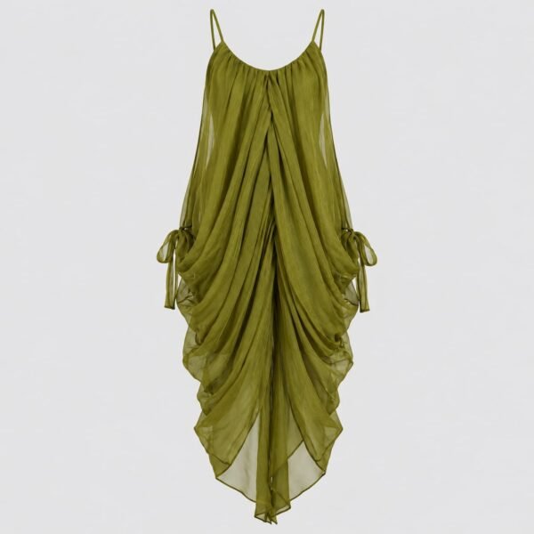 Olive green cascading draped cami dress with spaghetti straps and asymmetrical layered hem