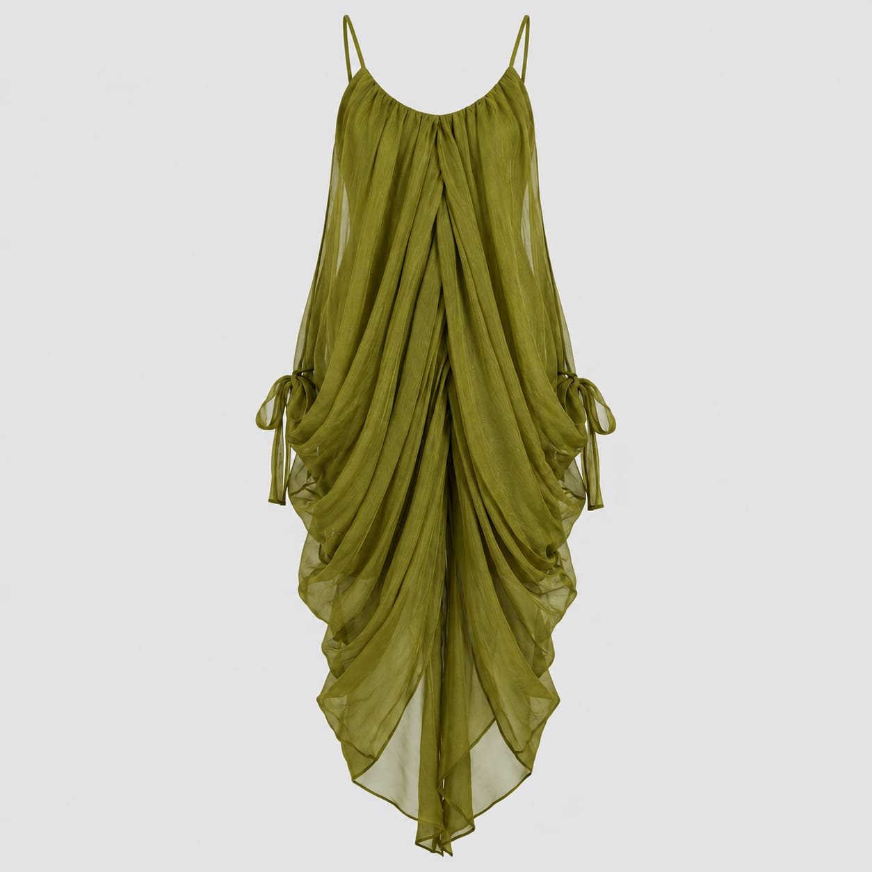 Olive green cascading draped cami dress with spaghetti straps and asymmetrical layered hem