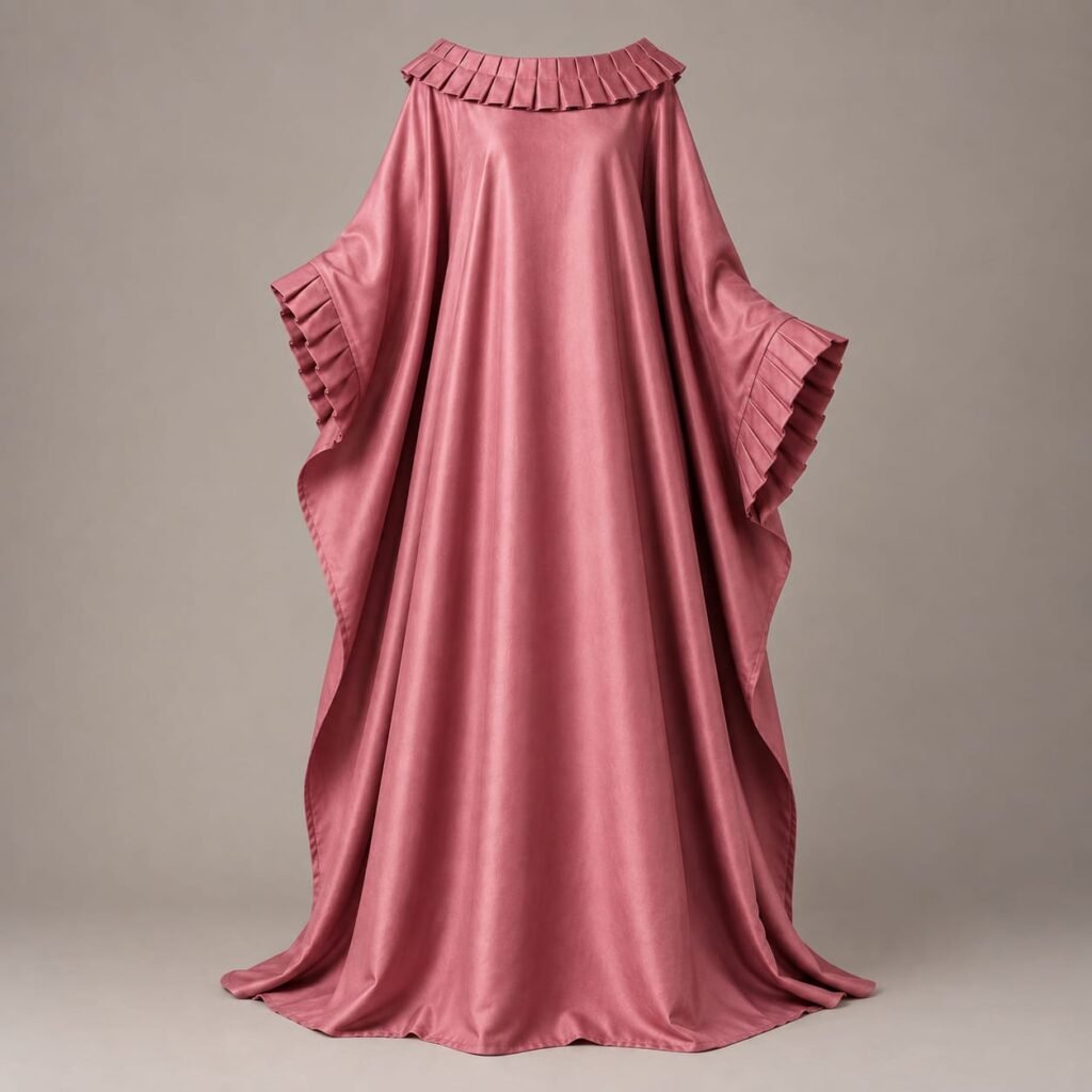Dusty rose Afro-Arabian inspired satin kaftan with pleated ruffle neckline and flowing wide sleeves