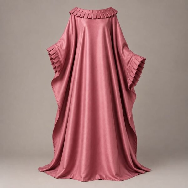 Dusty rose Afro-Arabian inspired satin kaftan with pleated ruffle neckline and flowing wide sleeves