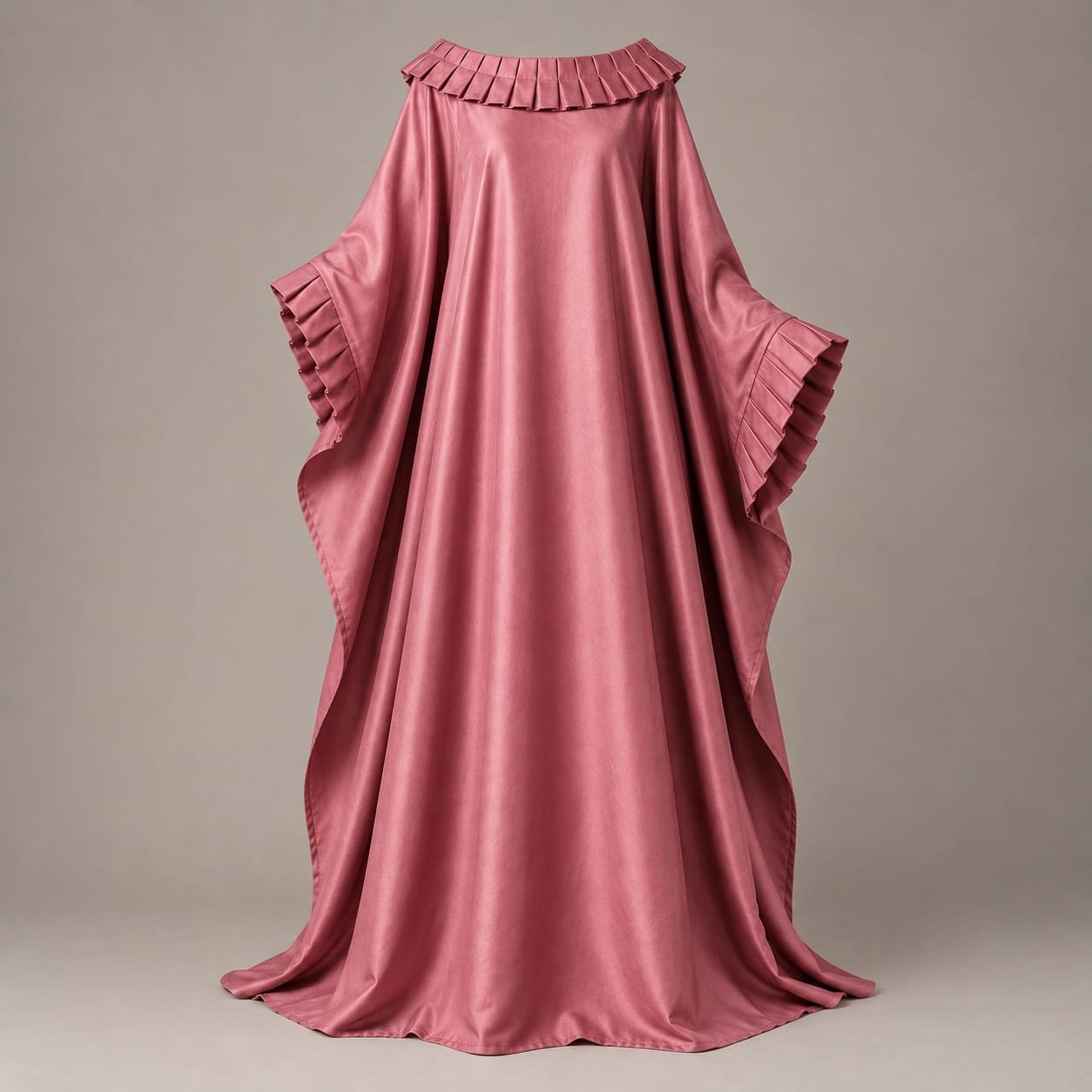 Dusty rose Afro-Arabian inspired satin kaftan with pleated ruffle neckline and flowing wide sleeves