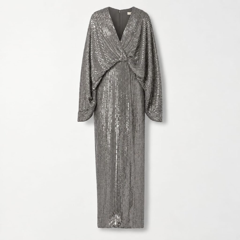 SELLBAY SILVER GRAY SEQUIN FLOOR-LENGTH EVENING GOWN WITH LONG SLEEVES AND TWIST-FRONT V-NECK BODICE