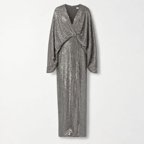 SELLBAY SILVER GRAY SEQUIN FLOOR-LENGTH EVENING GOWN WITH LONG SLEEVES AND TWIST-FRONT V-NECK BODICE