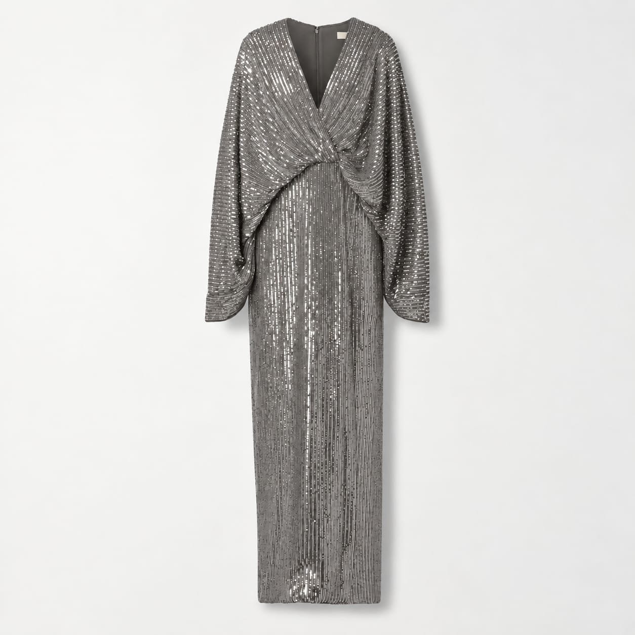 SELLBAY SILVER GRAY SEQUIN FLOOR-LENGTH EVENING GOWN WITH LONG SLEEVES AND TWIST-FRONT V-NECK BODICE