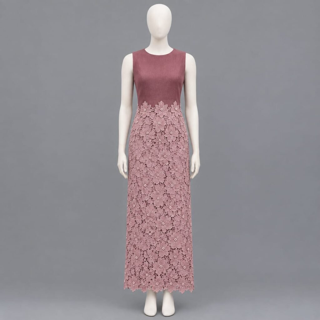 SELLBAY mauve floral lace maxi dress on mannequin, front view