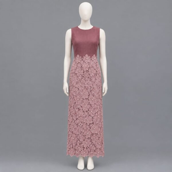 SELLBAY mauve floral lace maxi dress on mannequin, front view
