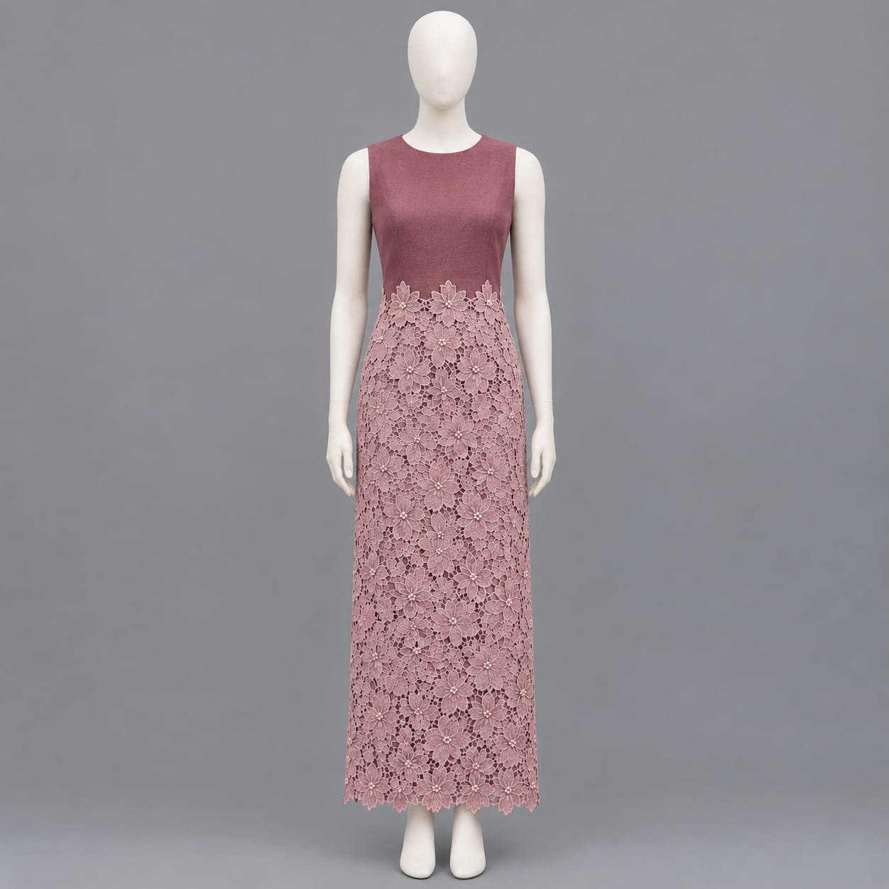 SELLBAY mauve floral lace maxi dress on mannequin, front view