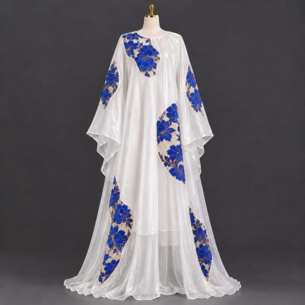 SELLBAY ARABIAN ROYAL BLUE FLORAL ORGANZA KAFTAN in sheer white organza with royal blue floral embroidery and gold thread patchwork