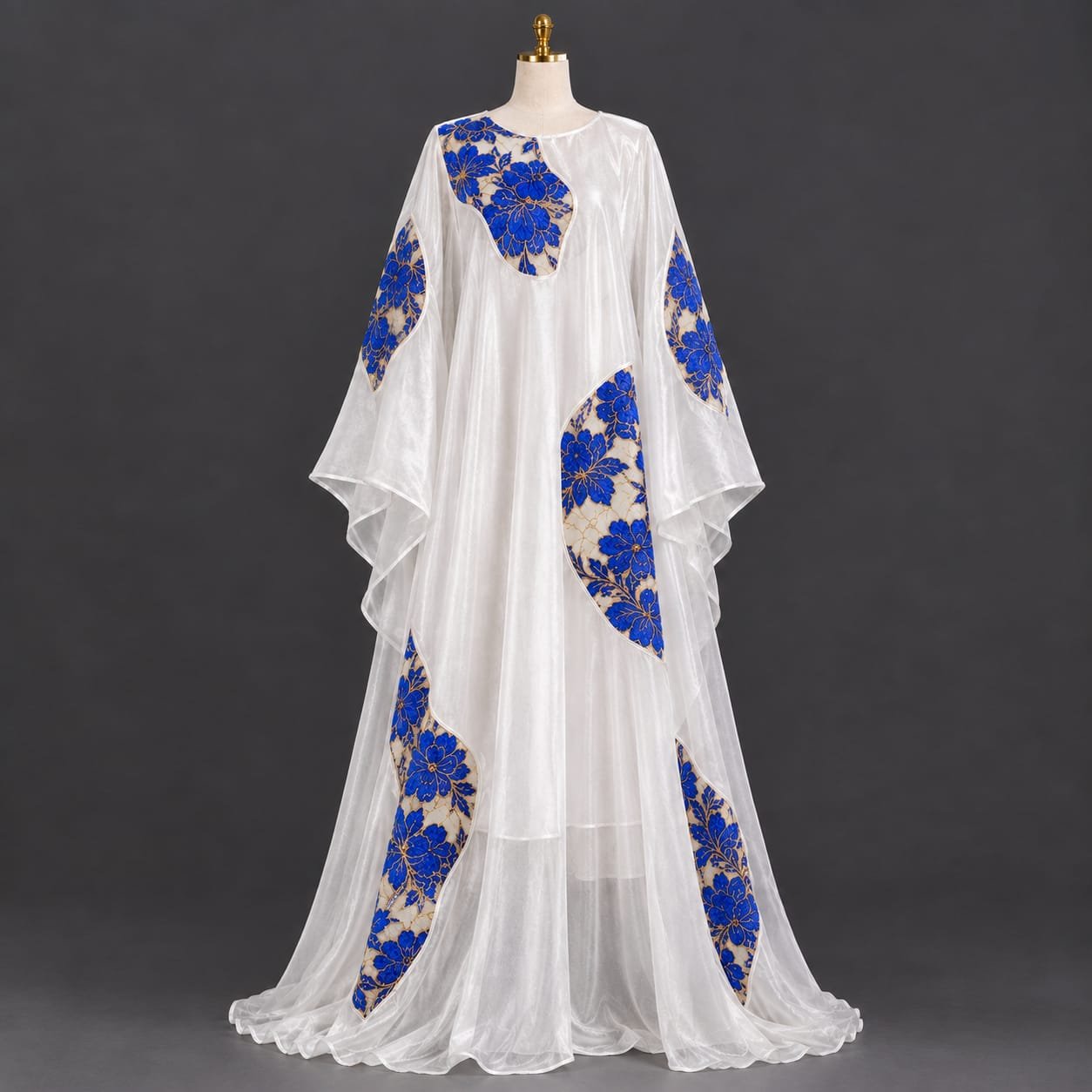 SELLBAY ARABIAN ROYAL BLUE FLORAL ORGANZA KAFTAN in sheer white organza with royal blue floral embroidery and gold thread patchwork