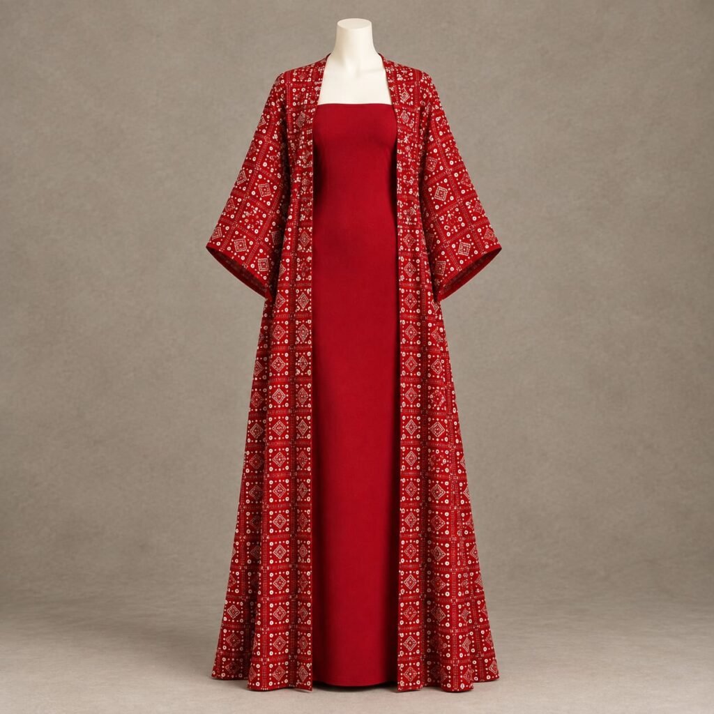 SELLBAY RUBY ROYALE KIMONO MAXI SET in ruby red, featuring a sleek maxi dress and full-length embroidered geometric kimono with white and silver detailing.
