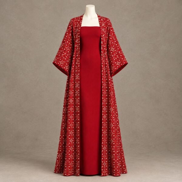 SELLBAY RUBY ROYALE KIMONO MAXI SET in ruby red, featuring a sleek maxi dress and full-length embroidered geometric kimono with white and silver detailing.