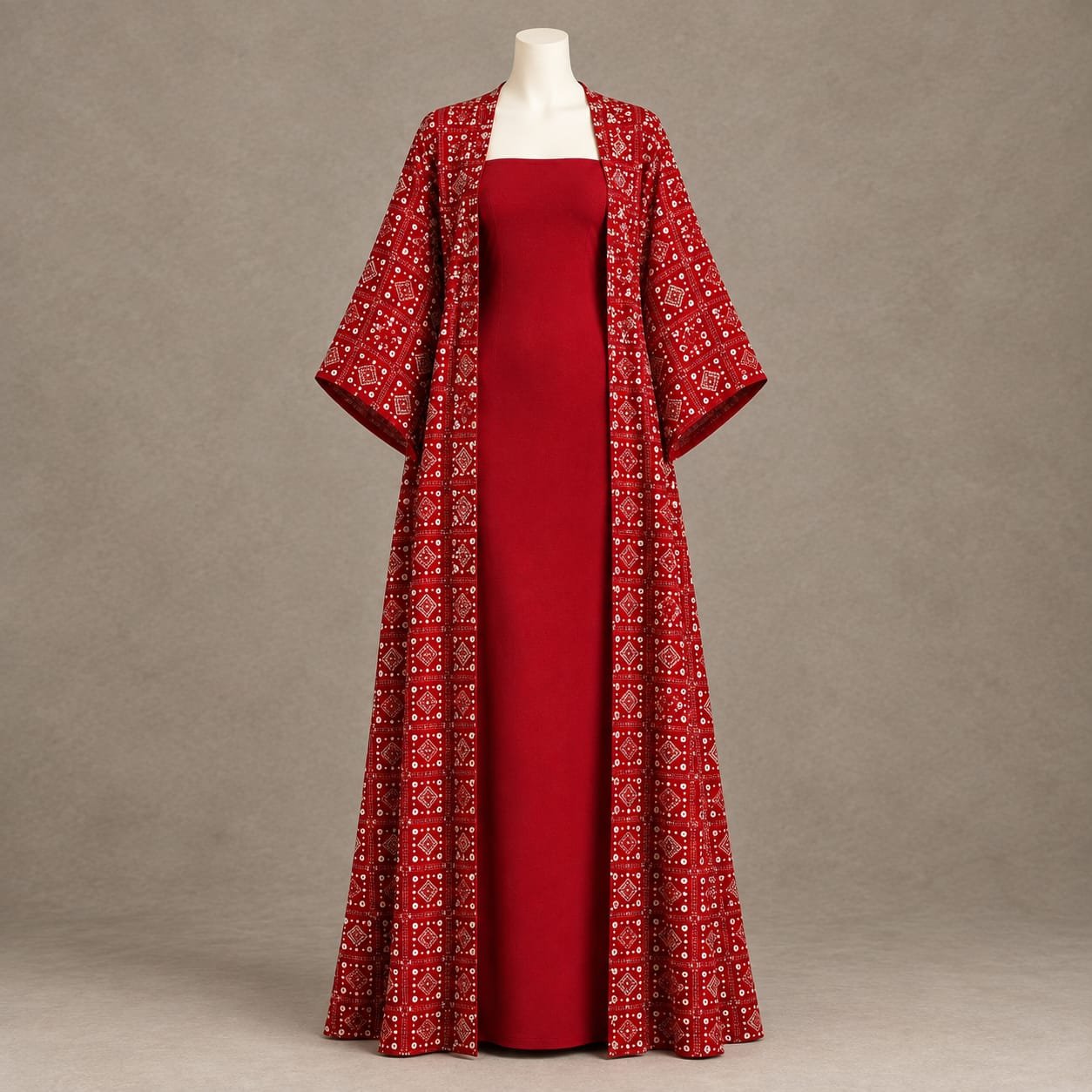 SELLBAY RUBY ROYALE KIMONO MAXI SET in ruby red, featuring a sleek maxi dress and full-length embroidered geometric kimono with white and silver detailing.
