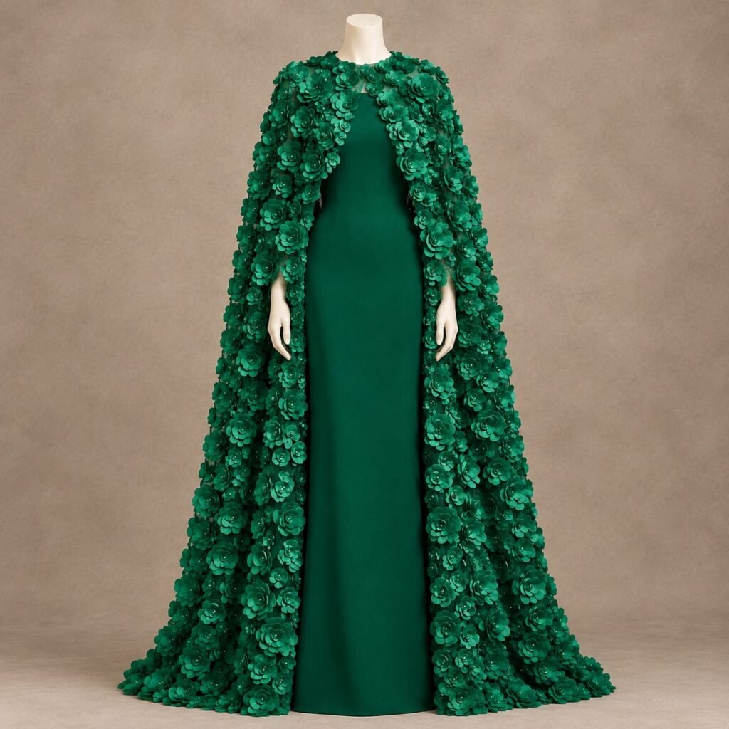 COUTURE CAPE MAXI GOWN Sizes Available in all standard sizes from M to XL: M | L | XL Price: USD 165 Color: Emerald Green Style: Arab Luxury × Western Couture
