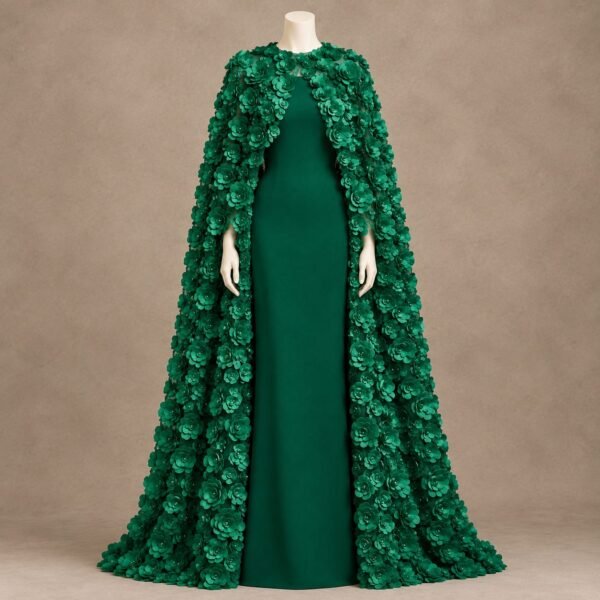 COUTURE CAPE MAXI GOWN Sizes Available in all standard sizes from M to XL: M | L | XL Price: USD 165 Color: Emerald Green Style: Arab Luxury × Western Couture