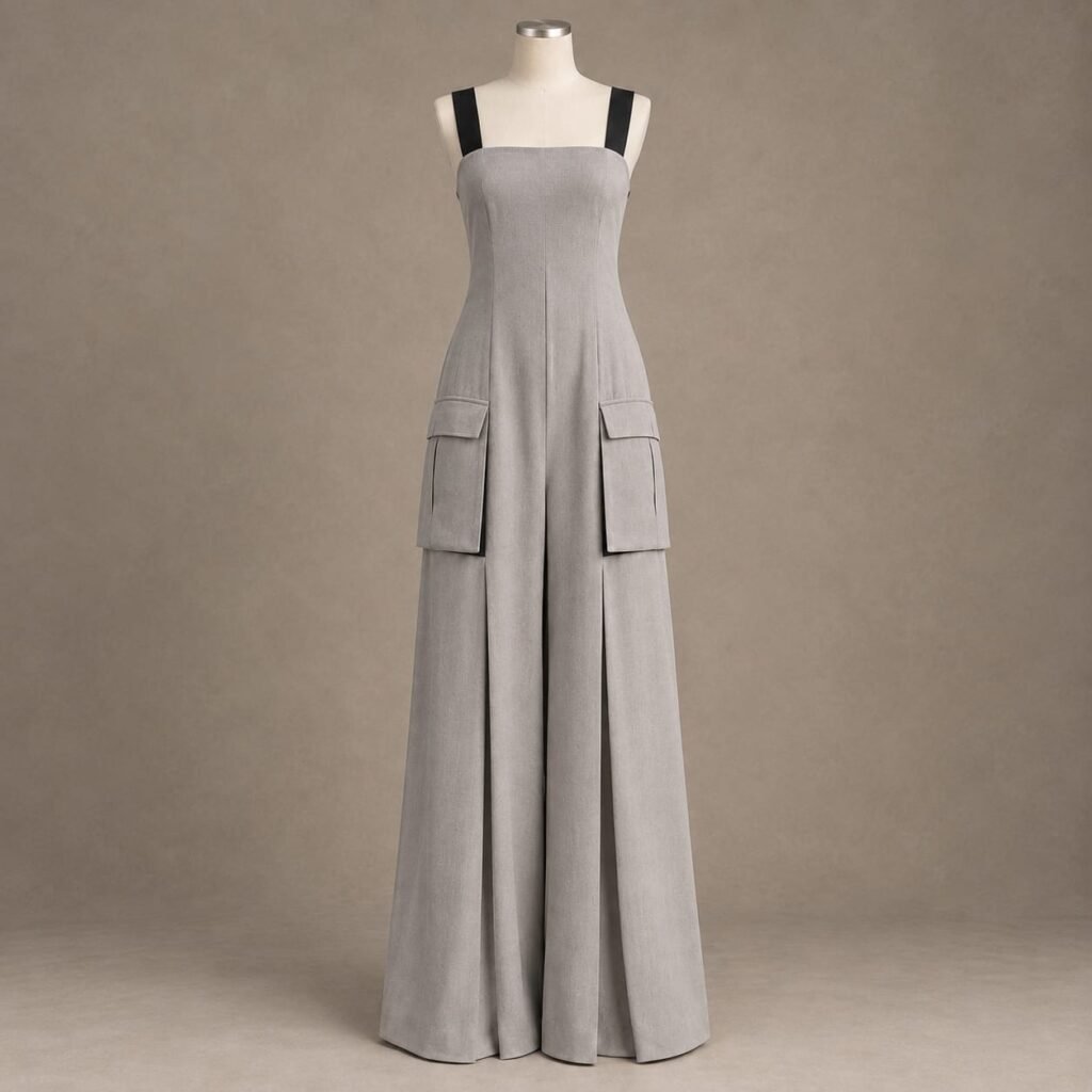 SELLBAY taupe cargo wide-leg jumpsuit with black straps and front flap pockets on mannequin