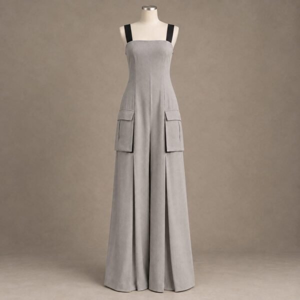 SELLBAY taupe cargo wide-leg jumpsuit with black straps and front flap pockets on mannequin