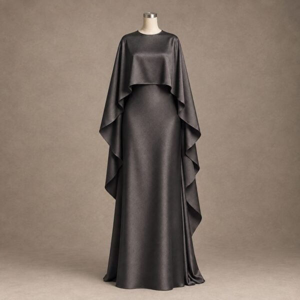 SELLBAY black satin floor-length cape gown on mannequin with flowing draped sleeves