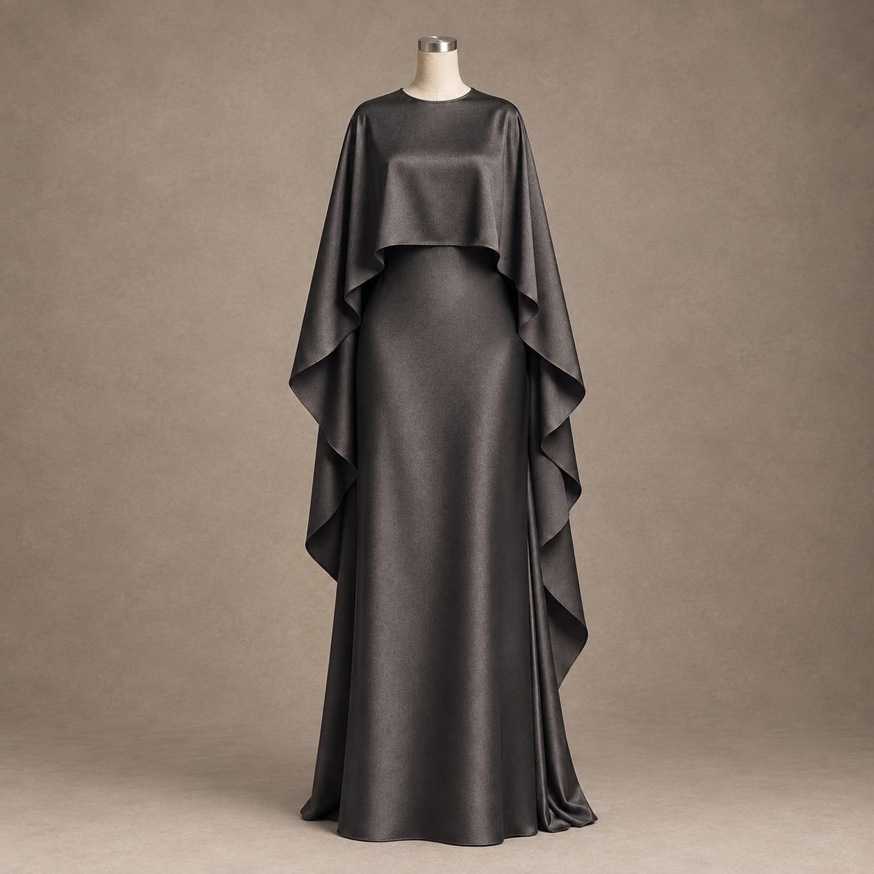 SELLBAY black satin floor-length cape gown on mannequin with flowing draped sleeves
