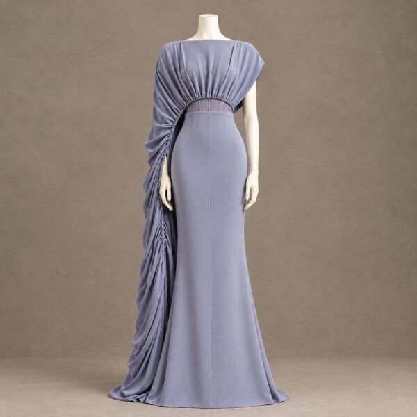 Lavender floor-length couture gown displayed on a mannequin, featuring asymmetric gathered draping, a defined waist, gently flared skirt and concealed back zipper.