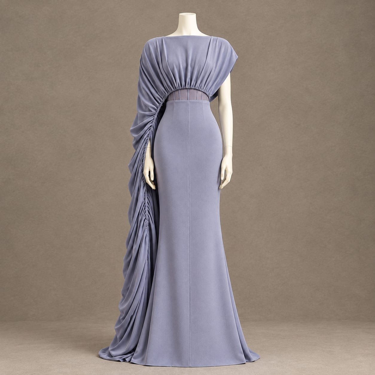Lavender floor-length couture gown displayed on a mannequin, featuring asymmetric gathered draping, a defined waist, gently flared skirt and concealed back zipper.