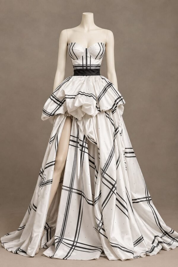 SELLBAY SILK MONOCHROME DRAPE GOWN in ivory white and black, displayed on a mannequin with a strapless sweetheart bodice, black waist detail, geometric pattern, sculptural draping and flowing floor-length skirt.