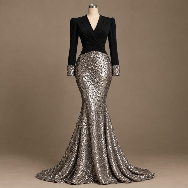 Black long-sleeve draped gown with a shimmering silver sequin mermaid skirt and floor-length flowing hem displayed on a mannequin in a luxury studio.