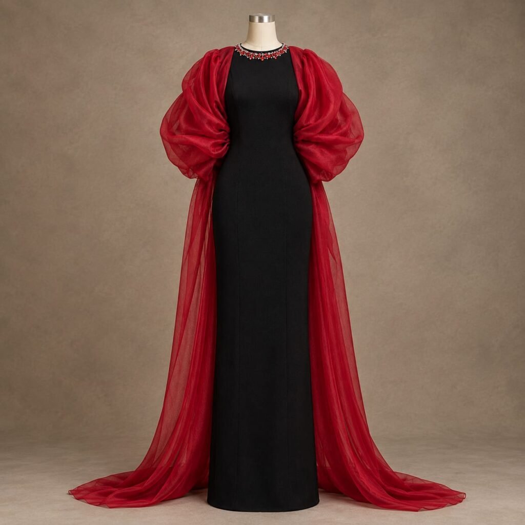 SELLBAY CRIMSON ROYALE JERSEY & ORGANZA GOWN — sleek black jersey elegance layered with dramatic crimson organza and statement neckline embellishment.