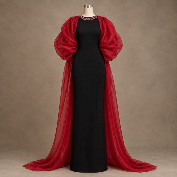 SELLBAY CRIMSON ROYALE JERSEY & ORGANZA GOWN — sleek black jersey elegance layered with dramatic crimson organza and statement neckline embellishment.