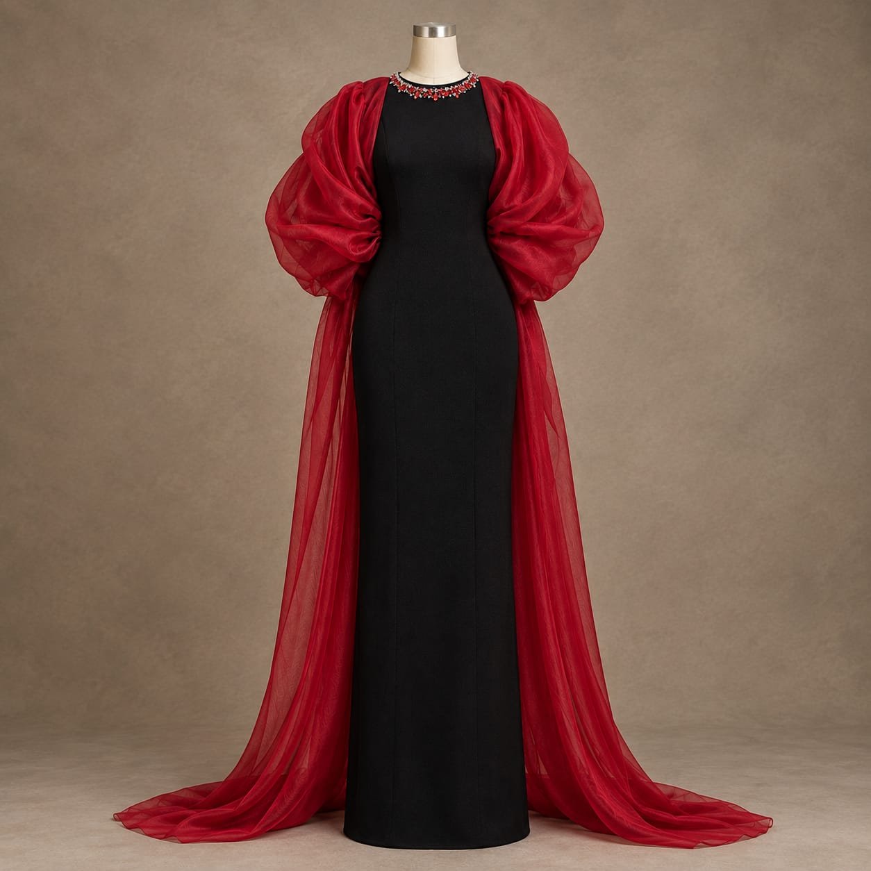 SELLBAY CRIMSON ROYALE JERSEY & ORGANZA GOWN — sleek black jersey elegance layered with dramatic crimson organza and statement neckline embellishment.