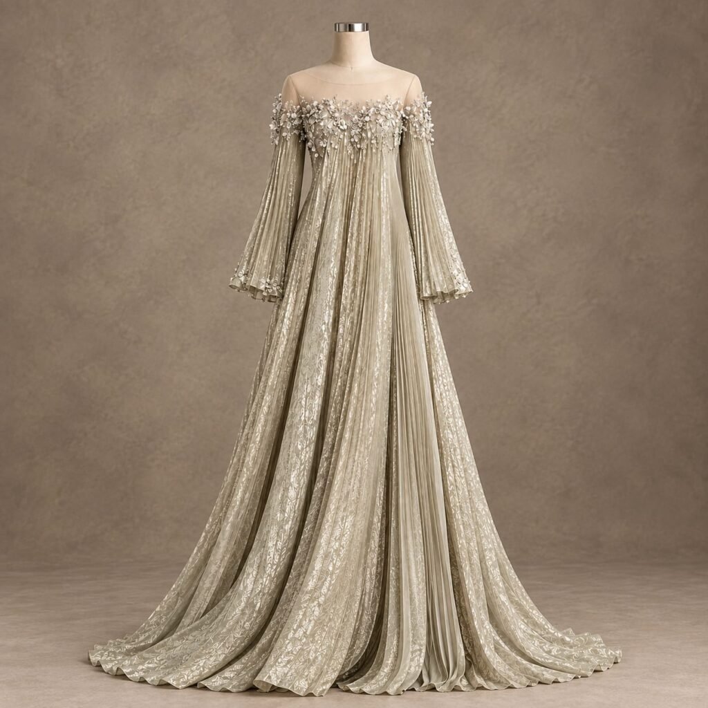 SELLBAY champagne floral embroidered pleated floor-length gown with embellished bodice, long bell sleeves and flowing train