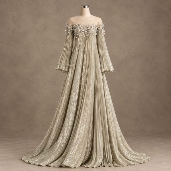 SELLBAY champagne floral embroidered pleated floor-length gown with embellished bodice, long bell sleeves and flowing train