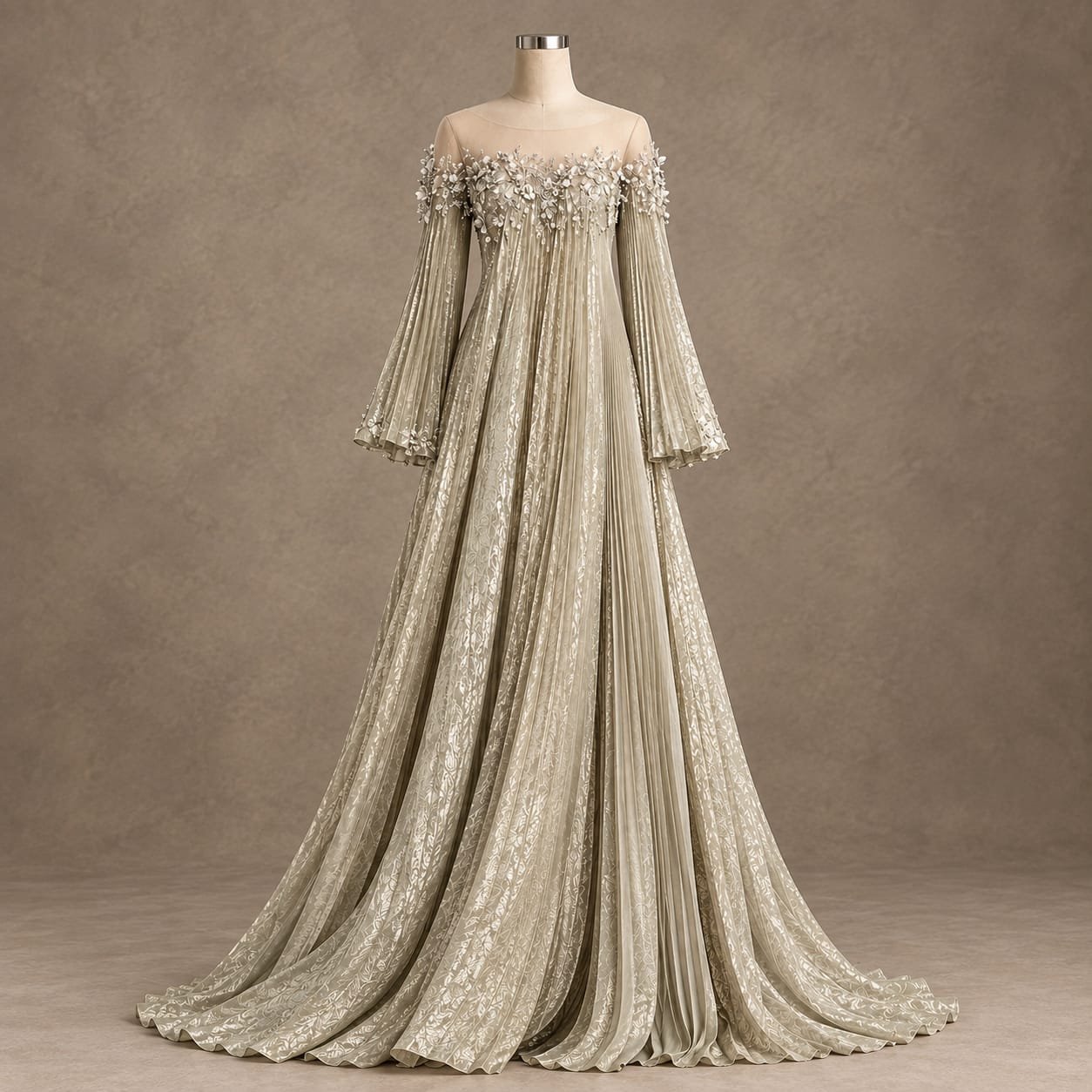 SELLBAY champagne floral embroidered pleated floor-length gown with embellished bodice, long bell sleeves and flowing train