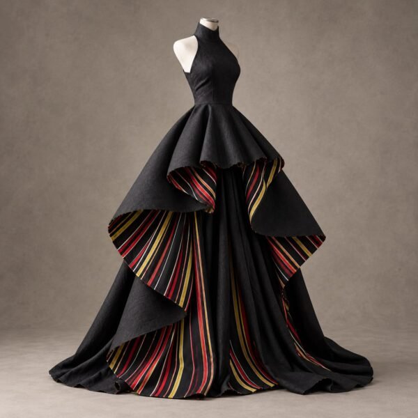 SELLBAY Noir Dimension — a sculptural black couture ball gown with dramatic double-shade striped detailing and cascading dimensional layers.