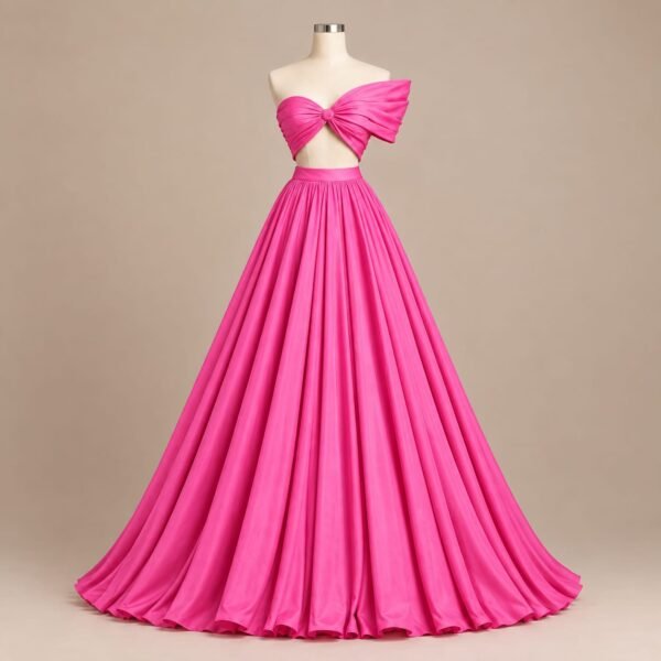 SELLBAY hot pink chiffon princess ball gown with dramatic full-length skirt and statement bow bodice on mannequin