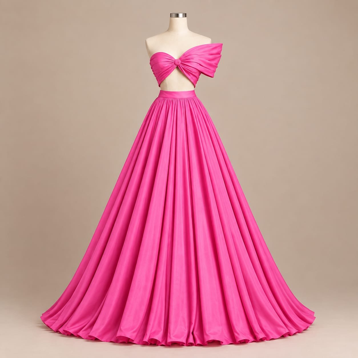 SELLBAY hot pink chiffon princess ball gown with dramatic full-length skirt and statement bow bodice on mannequin