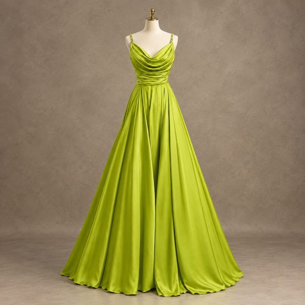 SELLBAY lime green satin cowl-neck evening gown with ruched bodice, spaghetti straps, and flowing full-length skirt on a mannequin