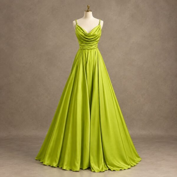 SELLBAY lime green satin cowl-neck evening gown with ruched bodice, spaghetti straps, and flowing full-length skirt on a mannequin