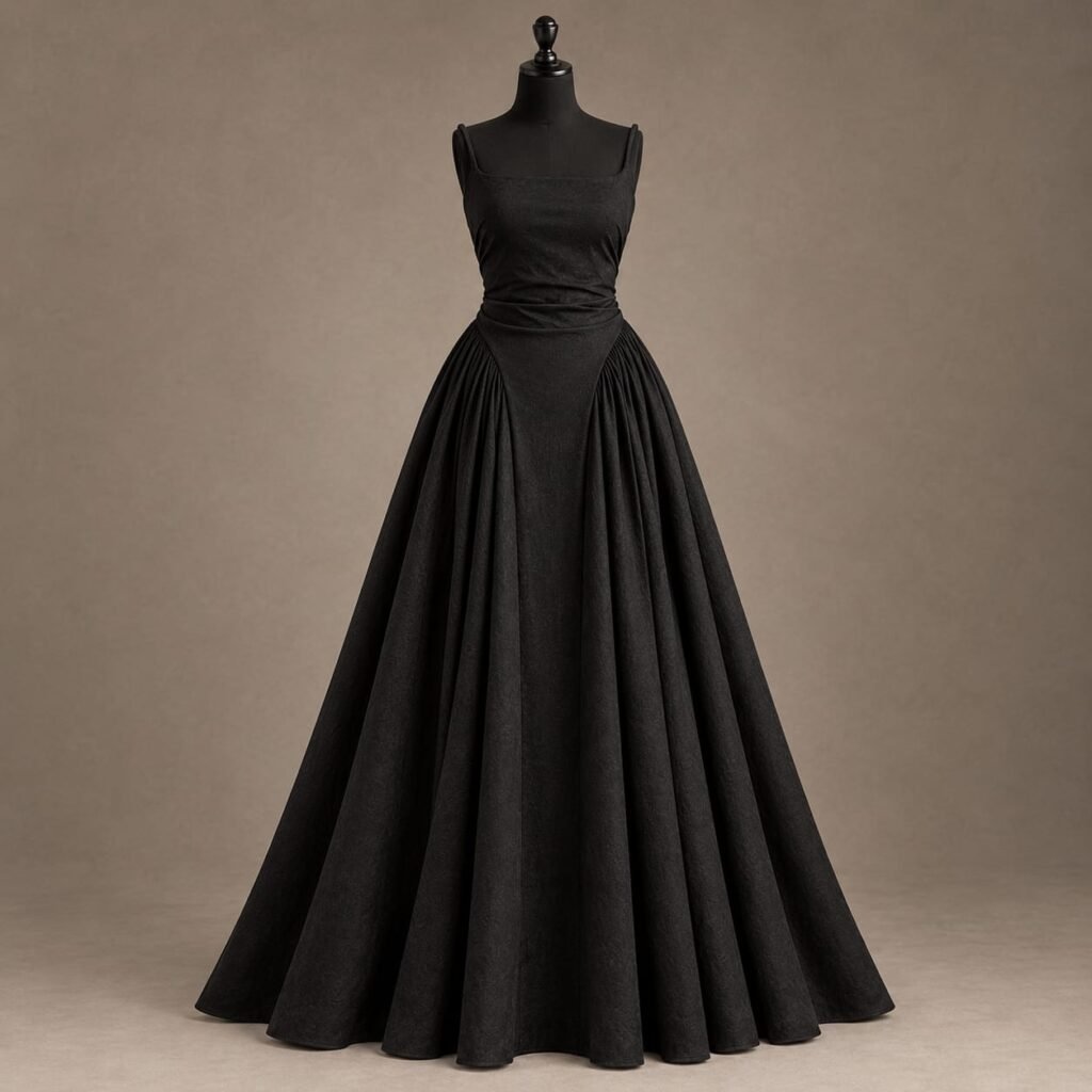 SELLBAY black draped jersey ball gown displayed on a mannequin, featuring a square neckline, gathered waist and full pleated floor-length