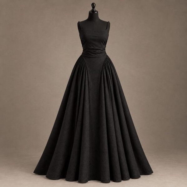 SELLBAY black draped jersey ball gown displayed on a mannequin, featuring a square neckline, gathered waist and full pleated floor-length