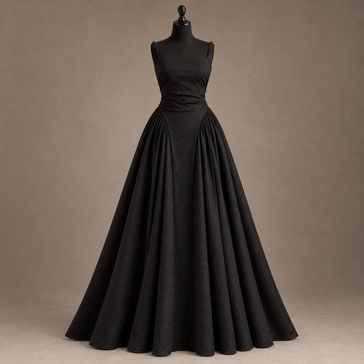 SELLBAY black draped jersey ball gown displayed on a mannequin, featuring a square neckline, gathered waist and full pleated floor-length