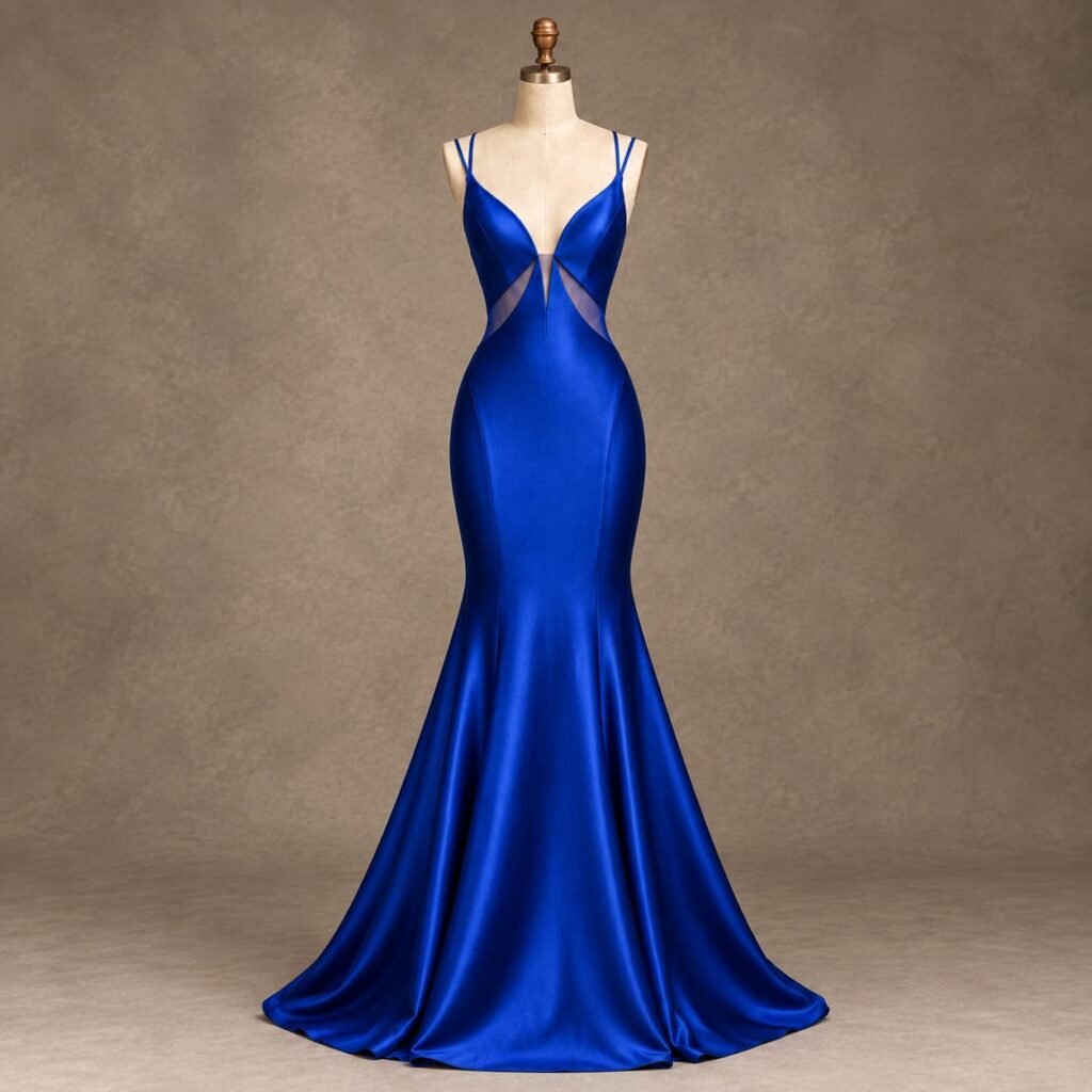 SELLBAY Royal Blue Satin Maxi in luxurious satin fabric with a fitted mermaid silhouette, deep V neckline, double straps, sheer waist detailing and floor-length flared hem.