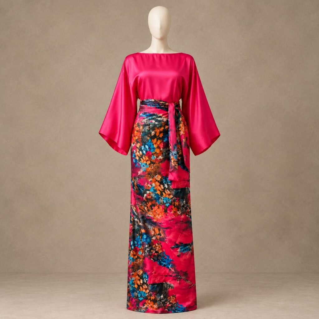 Shop the SELLBAY SILK BLOOM WRAP MAXI, a luxurious crimson-pink silk maxi with artistic floral print, flowing kimono sleeves and matching waist sash. Available XS–XXL.